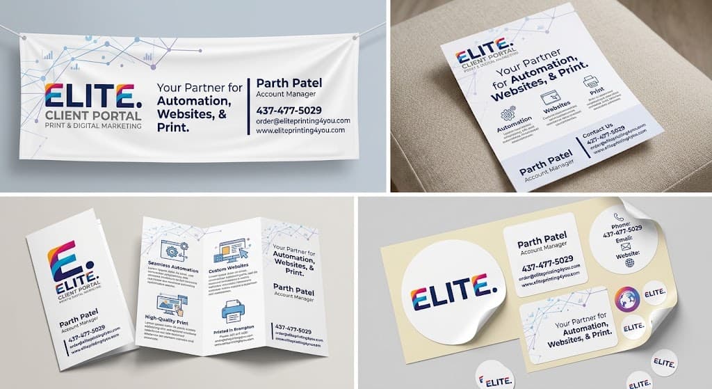 A printed Elite Print and Digital banner showing the company logo, the line Your Partner for Automation, Websites and Print, and contact details